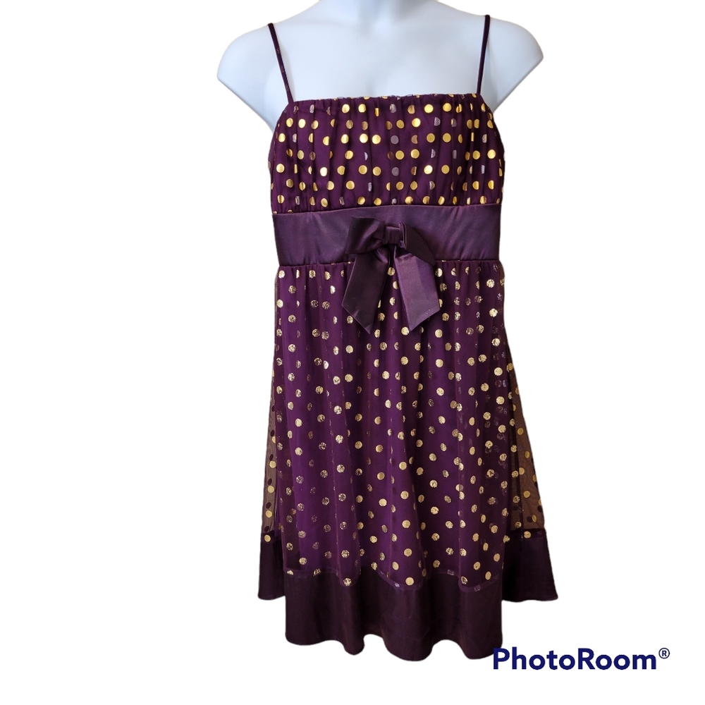 Taboo party dress, purple with gold and silver polka-dots, Size 3X.